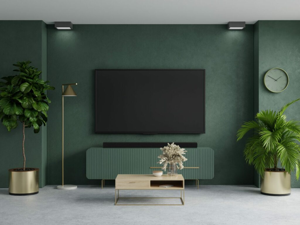 tv room in green color wall background modern living room