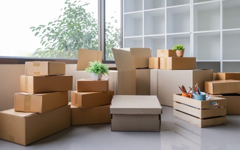 Moving day. Cardboard box and cleaning things for moving into a new home